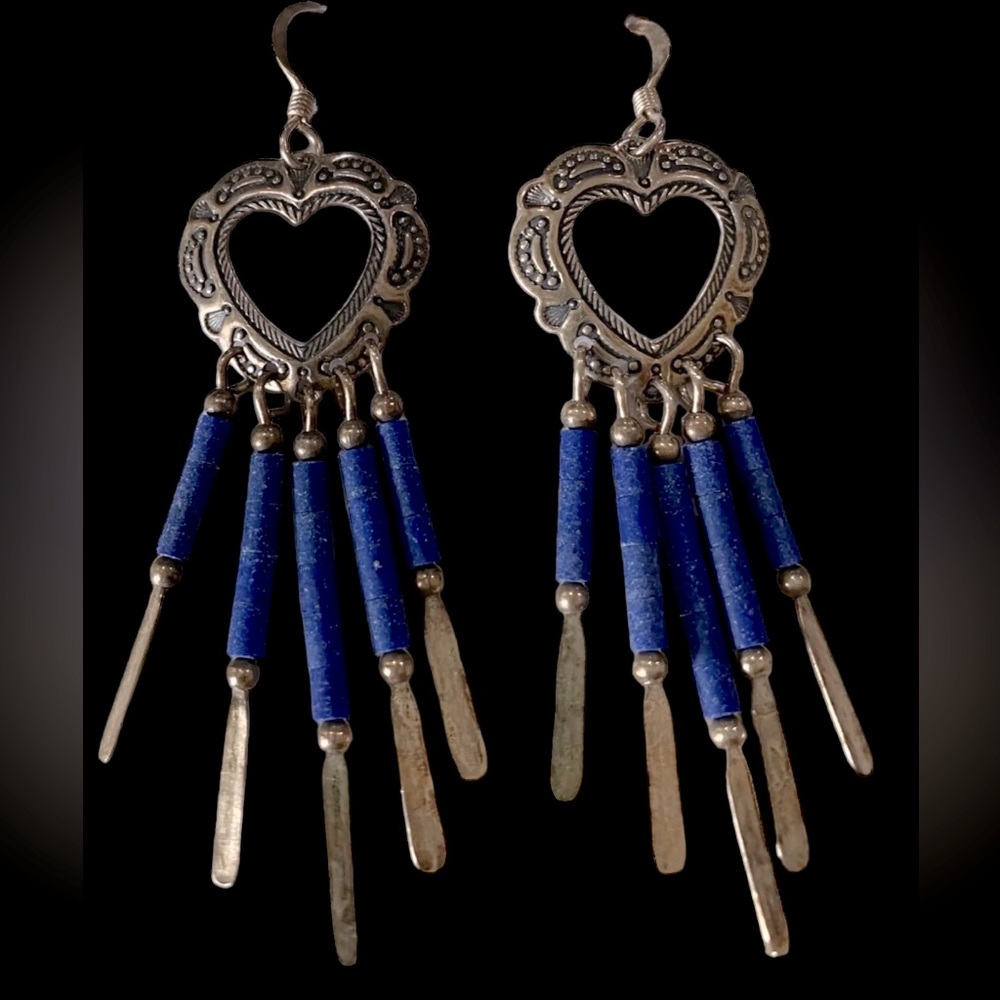 Sterling Lapis Southwest Heart Dangle Earrings